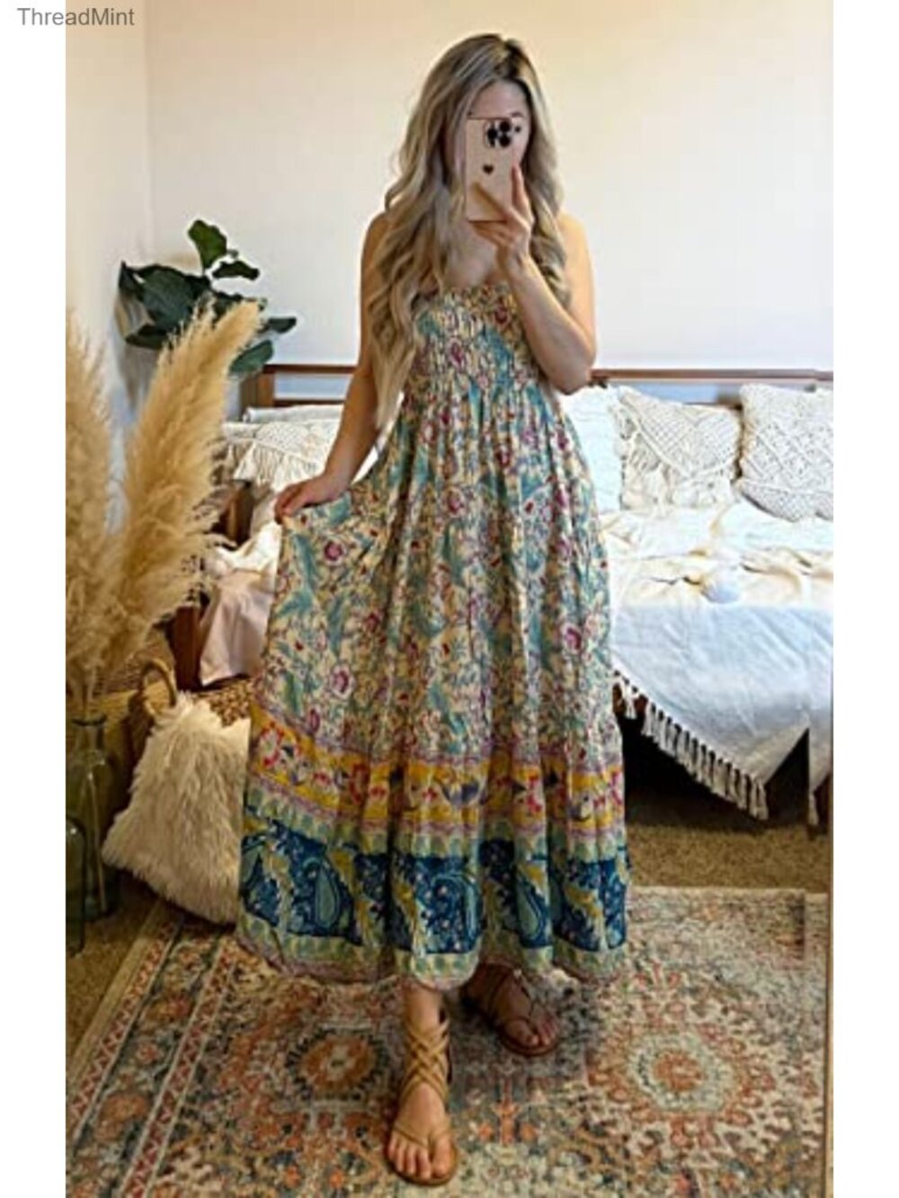 Women's Boho Floral A-Line Maxi Skirt Pleated Tiered Chiffon Long Skirt - Picture 4 of 6